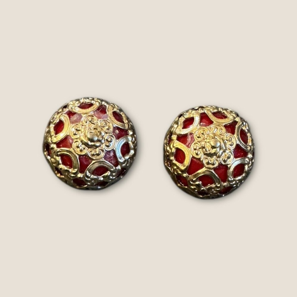 Vintage Estate Red & Gold Enamel Earrings With Floral Design